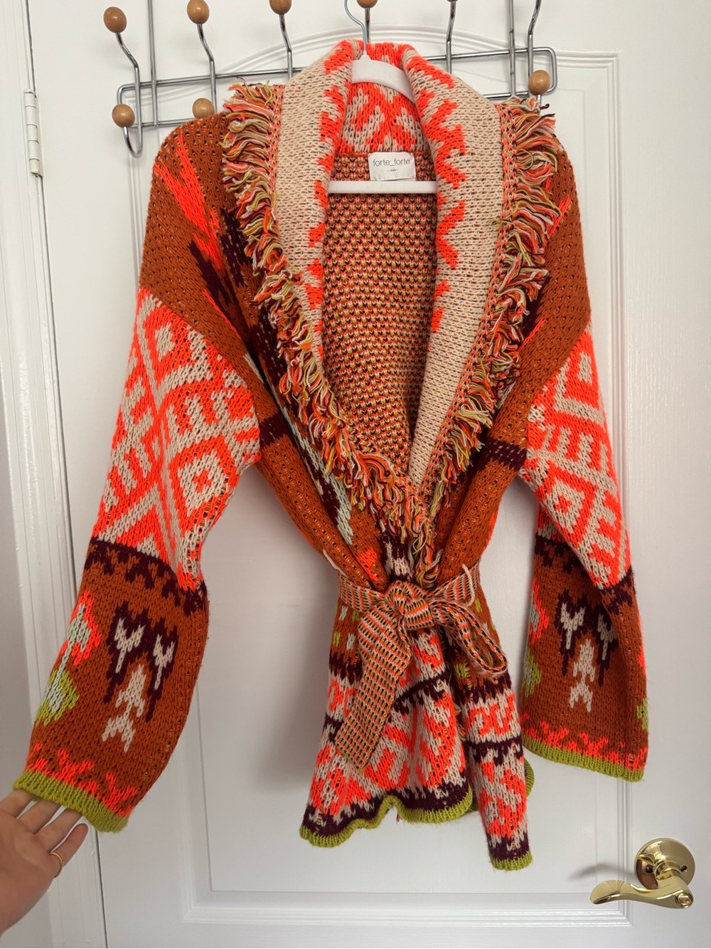 Fringed Orange Patterned Wrap Cardigan Sweater - Picture 4 of 5